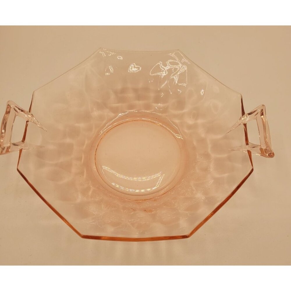 Pink Depression Glass Octagon Handled Optic Mint Bowl 6" Diameter
